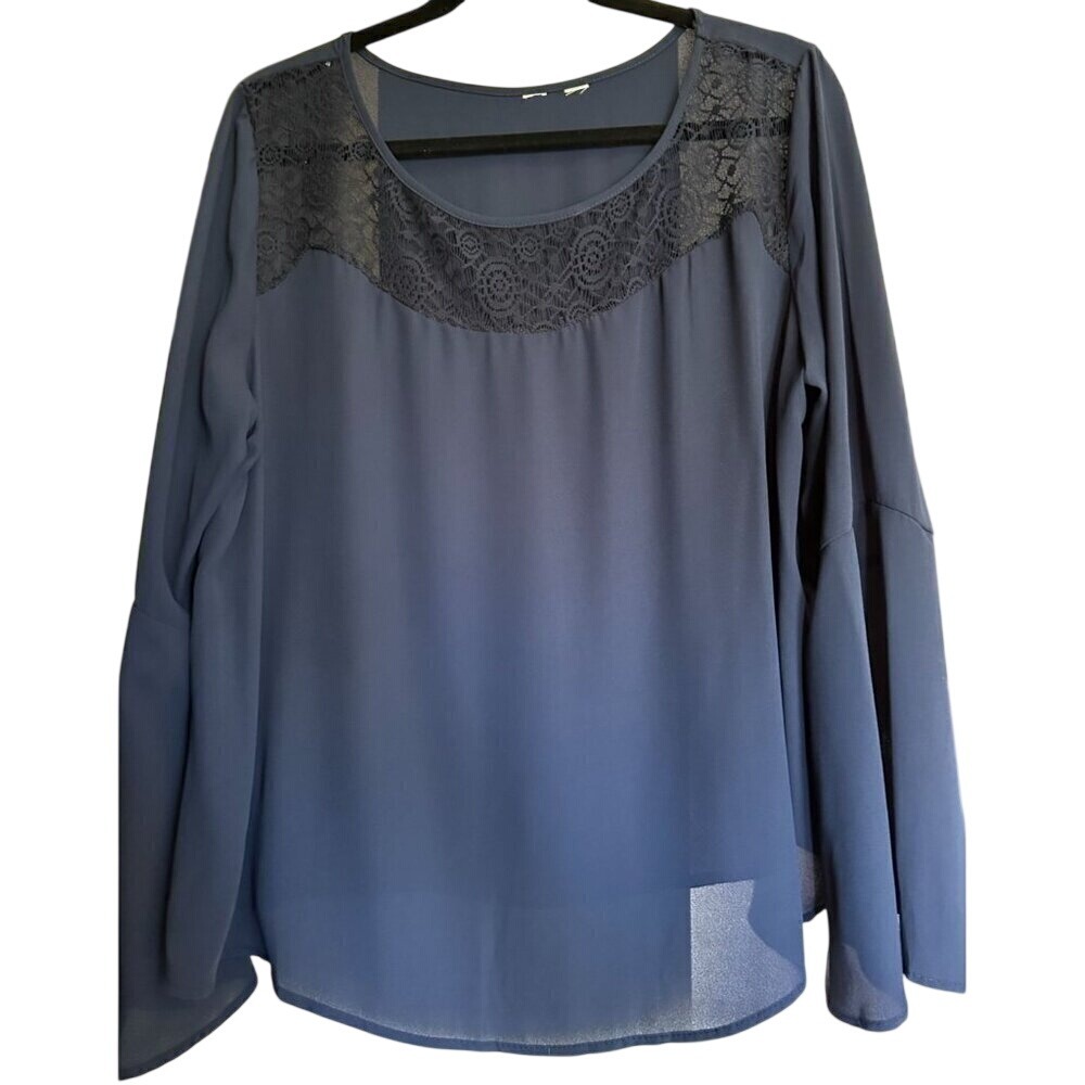 Navy Blue Lace Yokeβ Bell Sleeve Blouse Scoop Neck Flowy Top